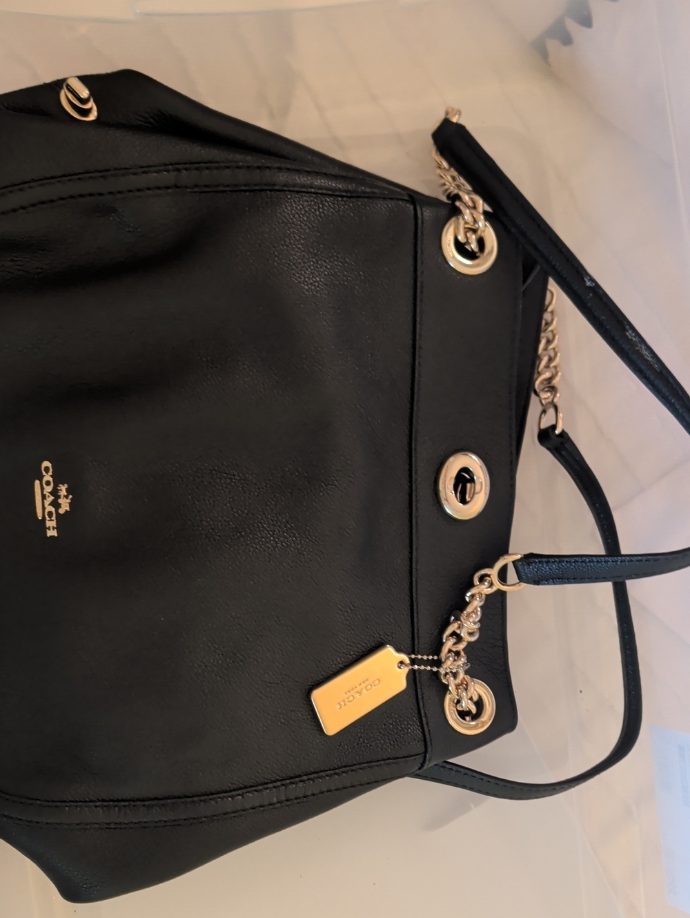 Coach Black Leather Tote with Gold Chain Accents